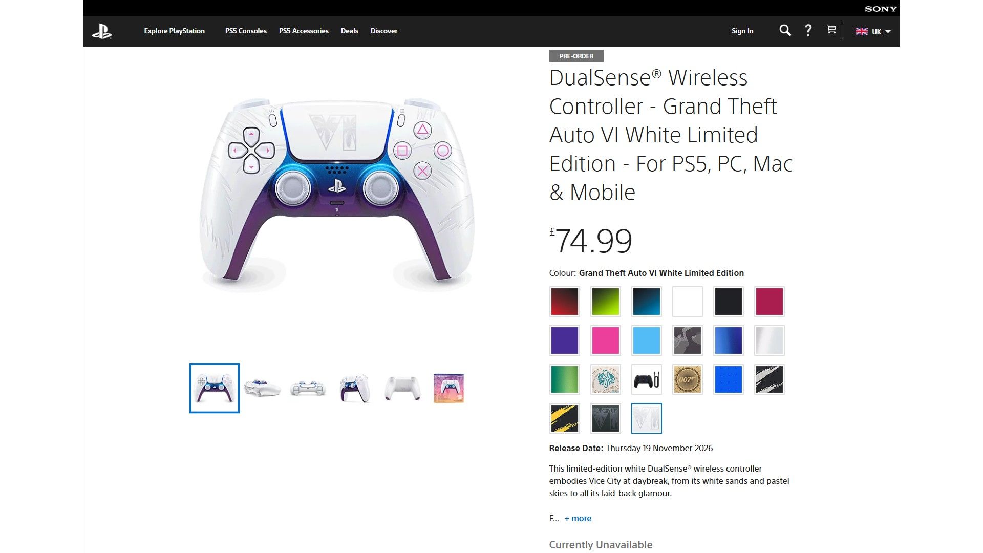 White GTA 6 DualSense listing out of stock at PS Direct