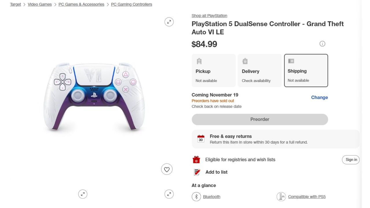 Target listing for white GTA 6 DualSense pre-orders