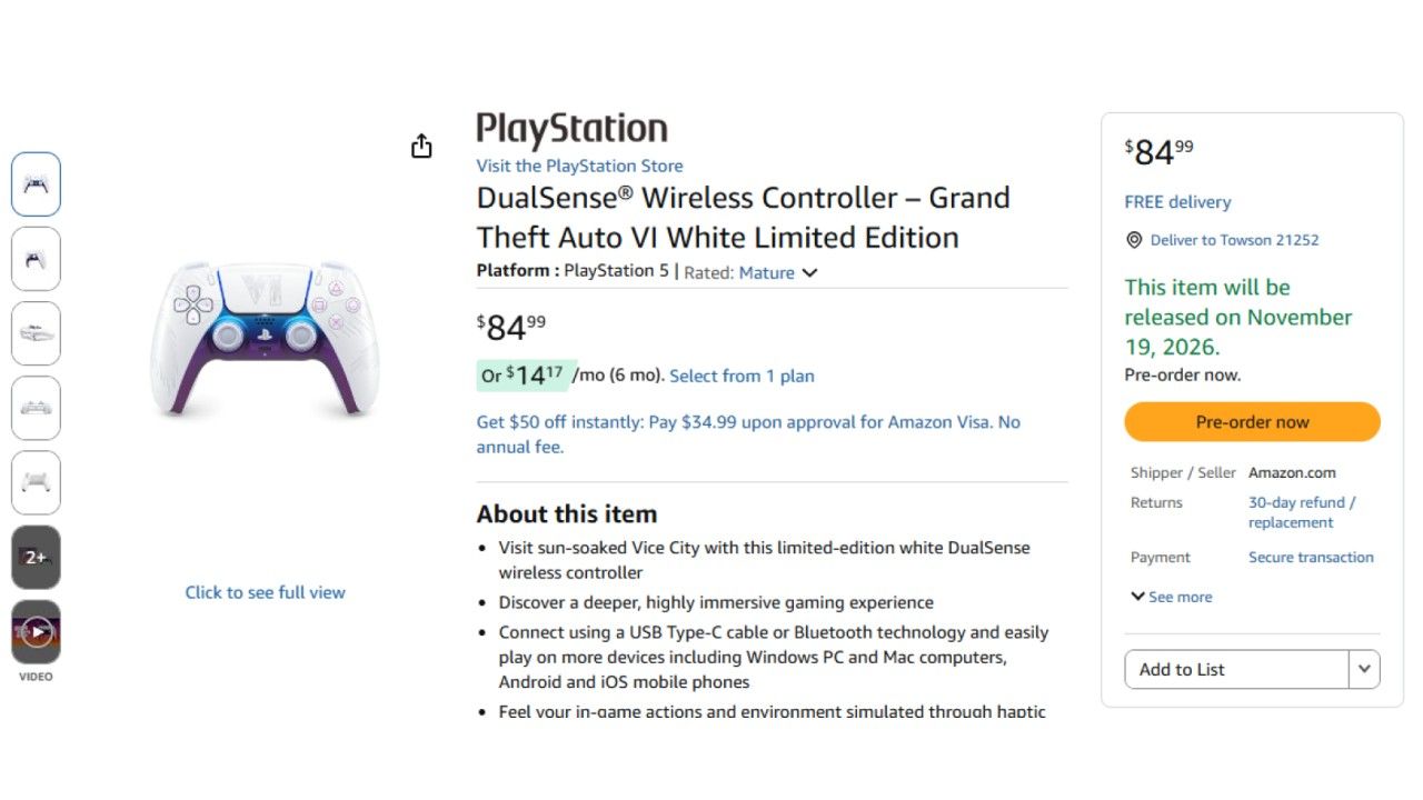 GTA 6 DualSense pre-order listing at Amazon