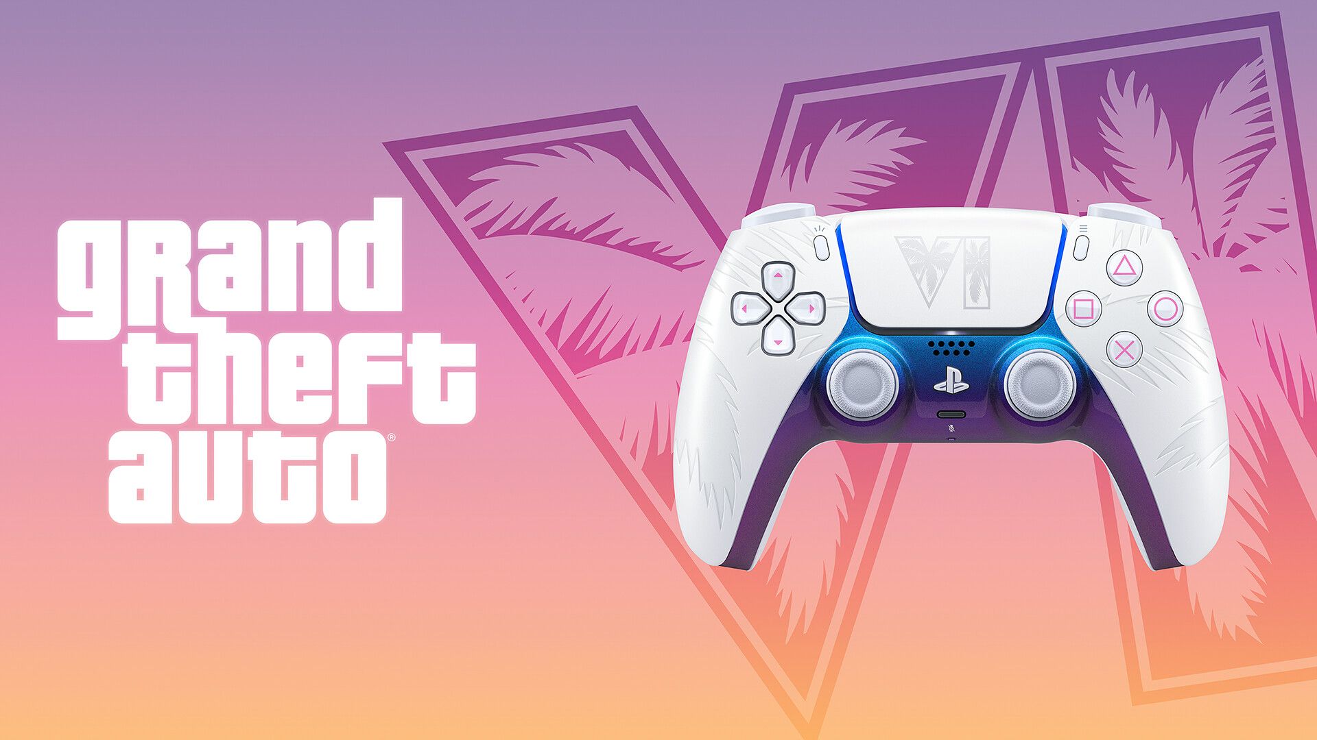 White GTA 6 DualSense controller on a purple and orange background